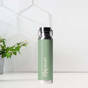 Sage green peach custom name script water bottle