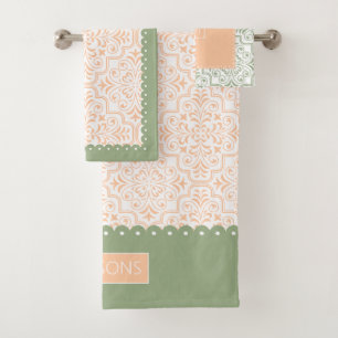 Sage green peach damask pattern, scalloped borders bath towel set