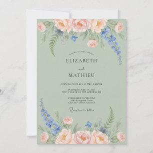 Sage Green Peach Delphinium Romance Wedding Invitation