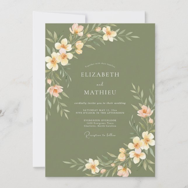 Sage Green Peach Flora Meadow Wedding Invitation (Front)