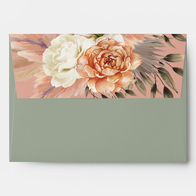 Sage Green Peach Floral Wedding Envelope (Back (Top Flap))