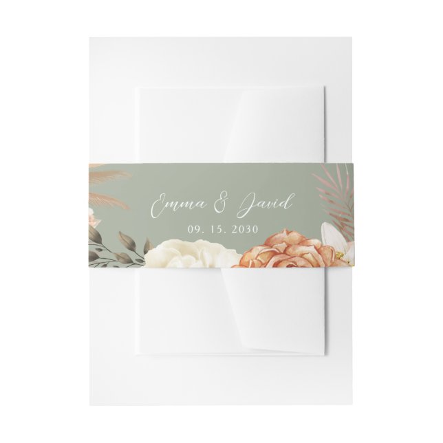 Sage Green Peach Floral Wedding Invitation Belly Band (Front Example)