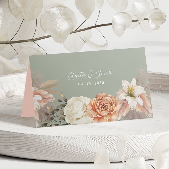 Sage Green Peach Floral Wedding Place Card (Creator Uploaded)