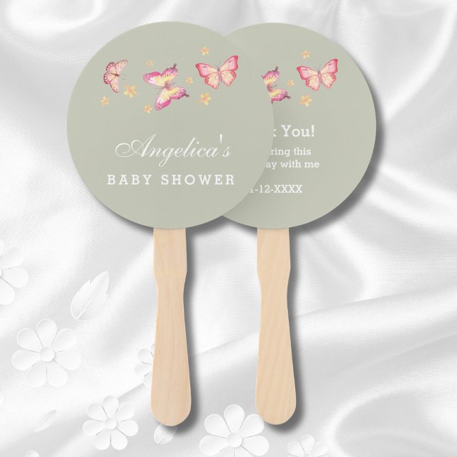 Sage Green Peach Pink Butterfly Baby Shower  Hand Fan (Creator Uploaded)