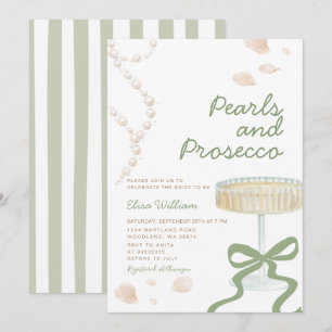 Sage Green Pearls and Prosecco Bridal Shower  Invitation