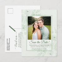 Sage Green Peonies & Photo Wedding Save the Date