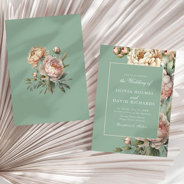 Sage Green Peony Bouquet Wedding Invitation (Pastel Sage Green Blush Peony Wedding Invitation on a sunny neutral dry palm leaf.)