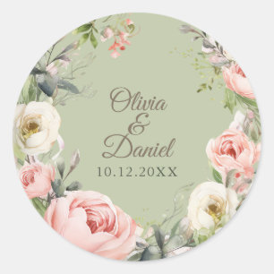 Sage Green Peony Floral Round Sticker