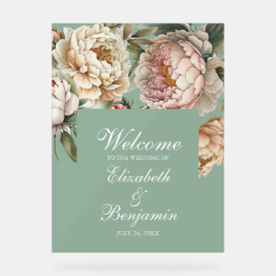 Sage Green Peony Garden Acrylic Wedding Welcome  Sign