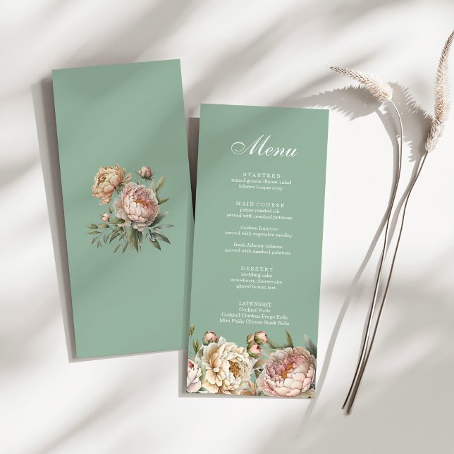 Sage Green Peony Garden Wedding Menu Card (Elegant Pastel Sage Green Blush Pink Peonies Menu on a sunny white table.)