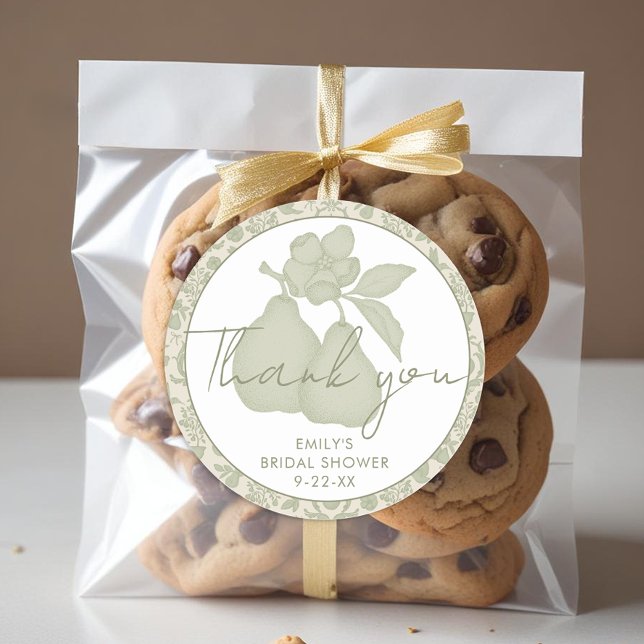 Sage Green Perfect Pear Bridal Shower Thank You Classic Round Sticker (Thank You Favor Sticker)