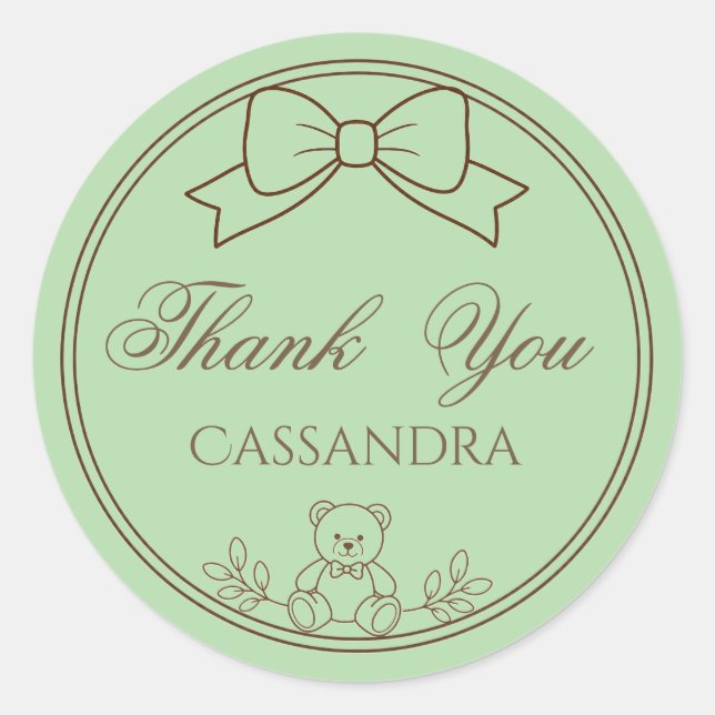 Sage Green Personalised Teddy Bear Bow Classic Round Sticker (Front)