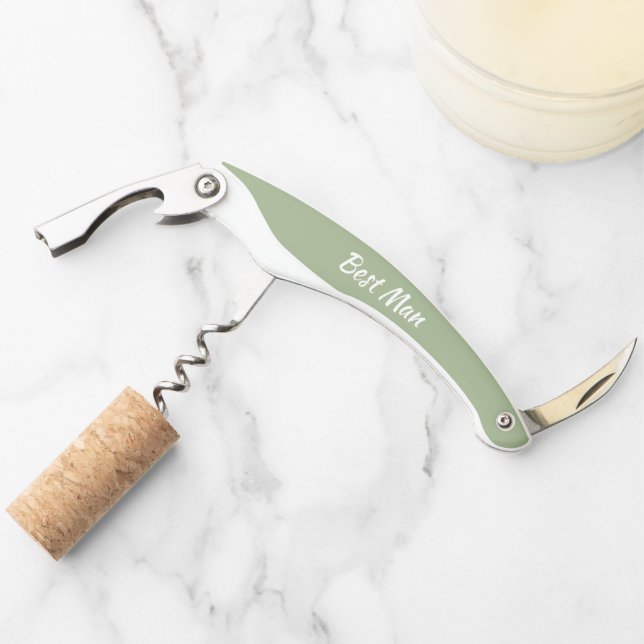 Sage Green Personalised Wedding Best Man Corkscrew (Front)