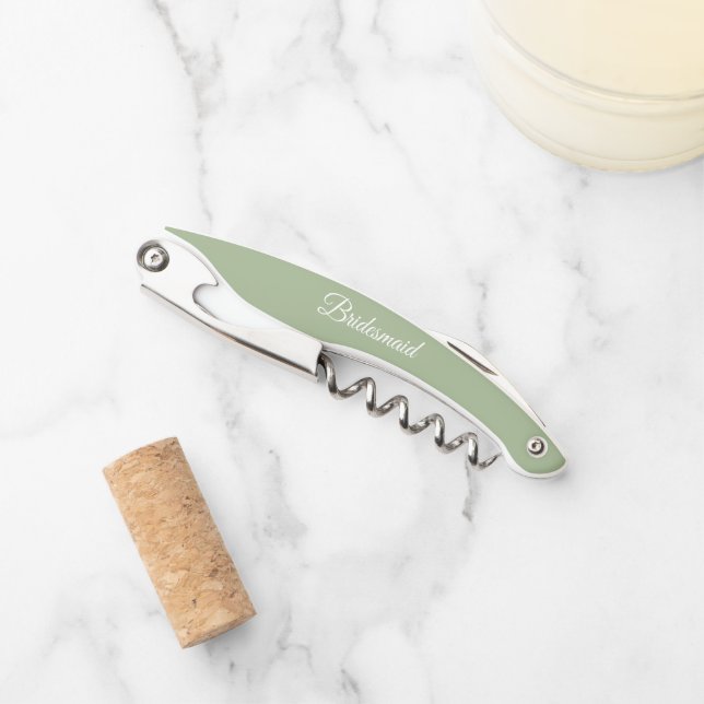 Sage Green Personalised Wedding Bridesmaid Corkscrew (Front)