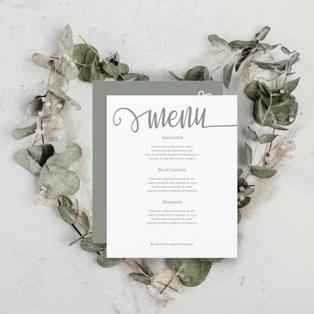 Sage Green Personalised Wedding Menu (Sage Green Personalized Wedding Menus from Ricaso. Add your own text to these delightful menu cards)