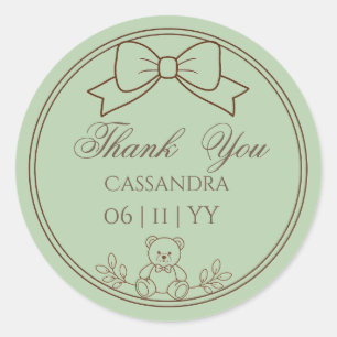 Sage Green Personalized Teddy Bear Bow Classic Round Sticker