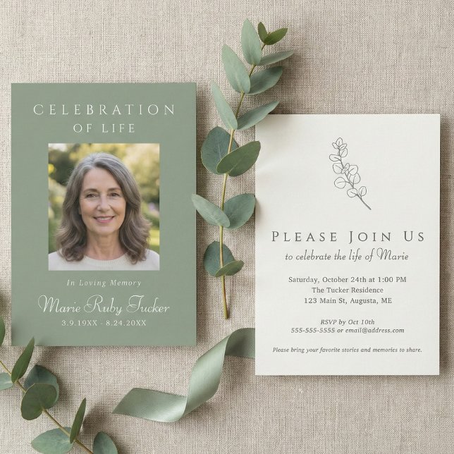Sage Green Photo Celebration of Life Invitation (Sage Green Botanical Custom Photo Celebration of Life Invitation)
