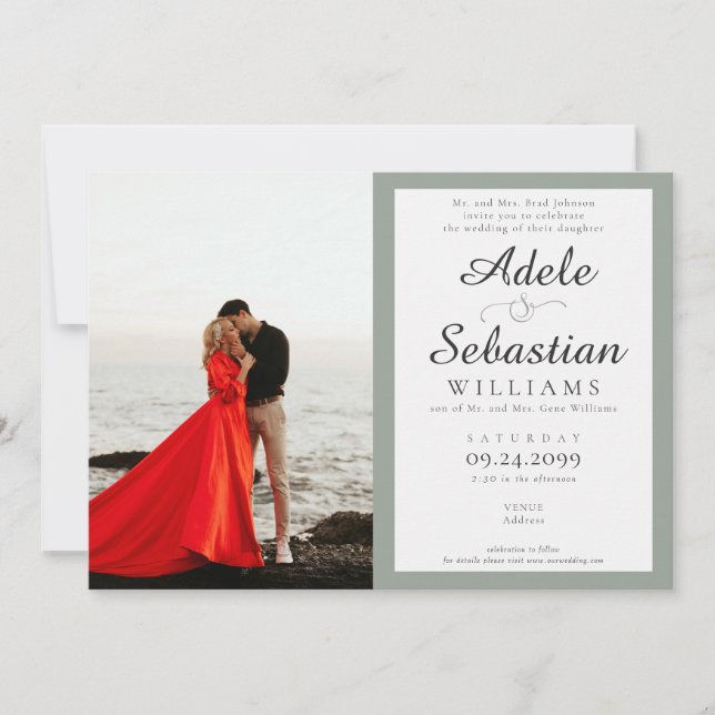 Sage Green Photo Elegant Monogram Formal Wedding Invitation (Front)