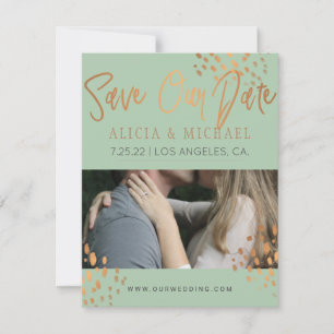 Sage Green PHOTO Faux Rose Gold Foil Typography Save The Date