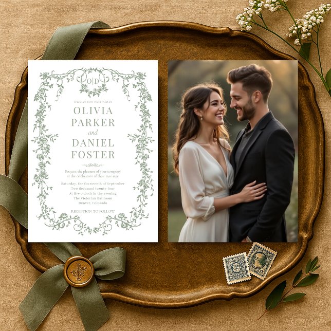 Sage Green Photo Floral Victorian French Wedding  Invitation (Creator Uploaded)