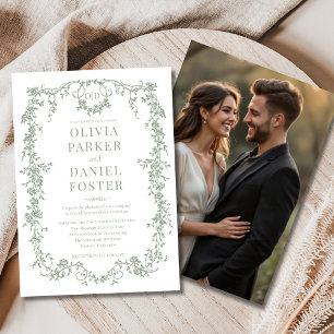 Sage Green Photo Floral Victorian French Wedding  Invitation