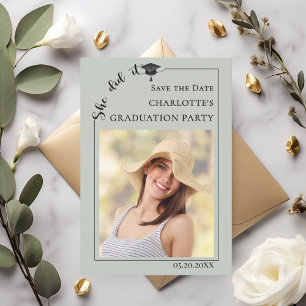 Sage green Photo Graduation Party Save the Date