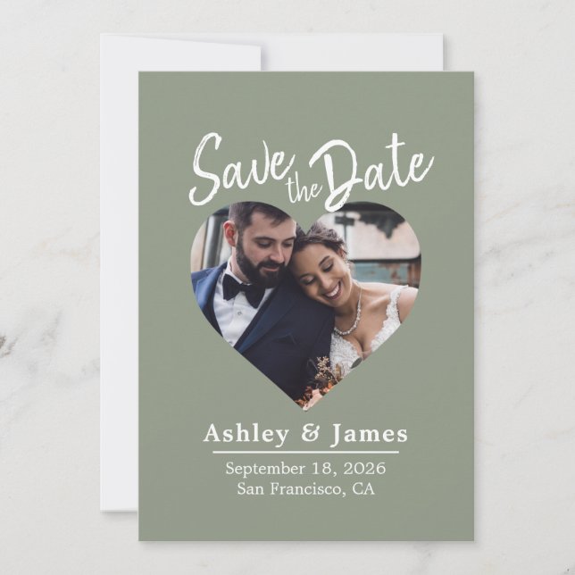 Sage Green Photo Modern Script Save the Date (Front)