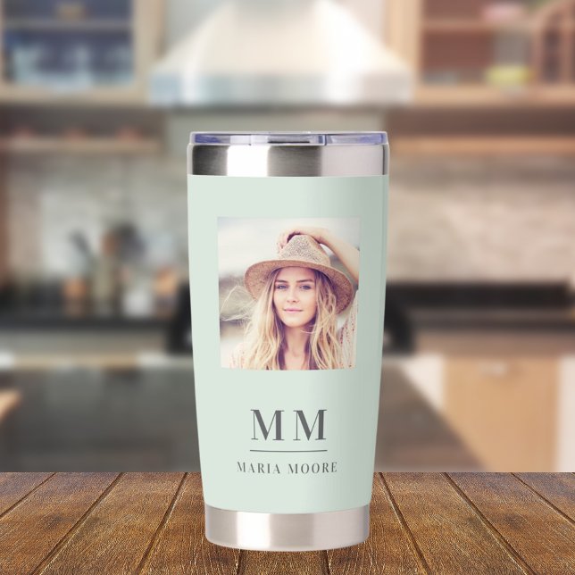 Sage green photo monogram initials name insulated tumbler (Creator Uploaded)