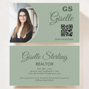 Sage Green Photo Monogram Realtor QR Code  Business Card