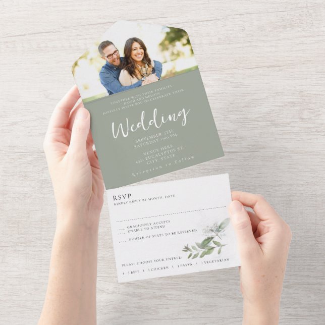 Sage Green Photo RSVP Wedding Seal and Send Suite All In One Invitation (Tearaway)