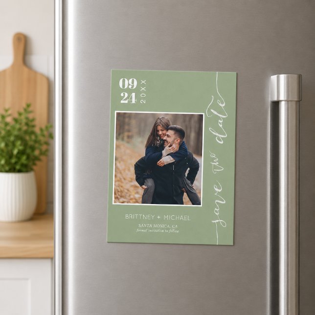 Sage Green Photo Save the Date (Elegant sage green photo save the date magnet featuring modern typography )