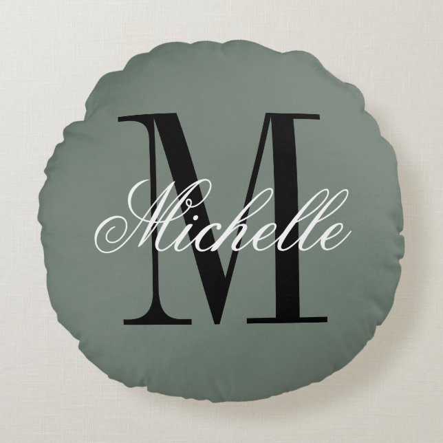 Sage green pillow cushion with custom monogram (Front)