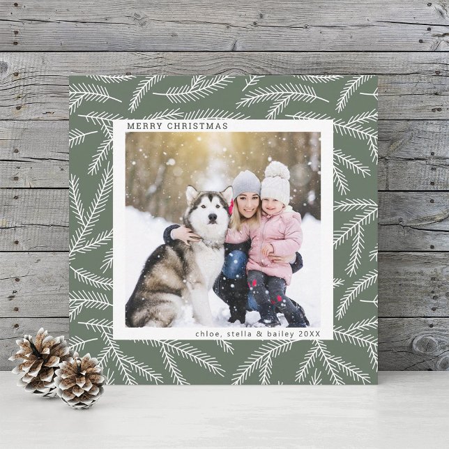 Sage Green | Pine Branch Christmas Photo Square Holiday Card (Creator Uploaded)