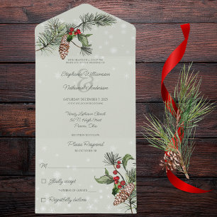 Sage Green Pine & Holly in Snow All In One Invitation