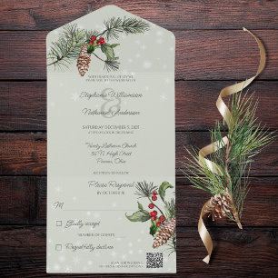 Sage Green Pine & Holly in Snow QR Code All In One Invitation