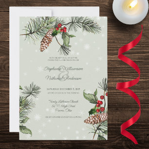 Sage Green Pine & Holly in Snow Wedding  Invitation