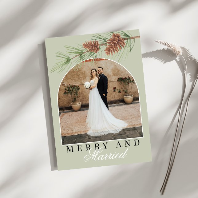 Sage Green Pine Merry & Married Photo Christmas Holiday Card (Creator Uploaded)