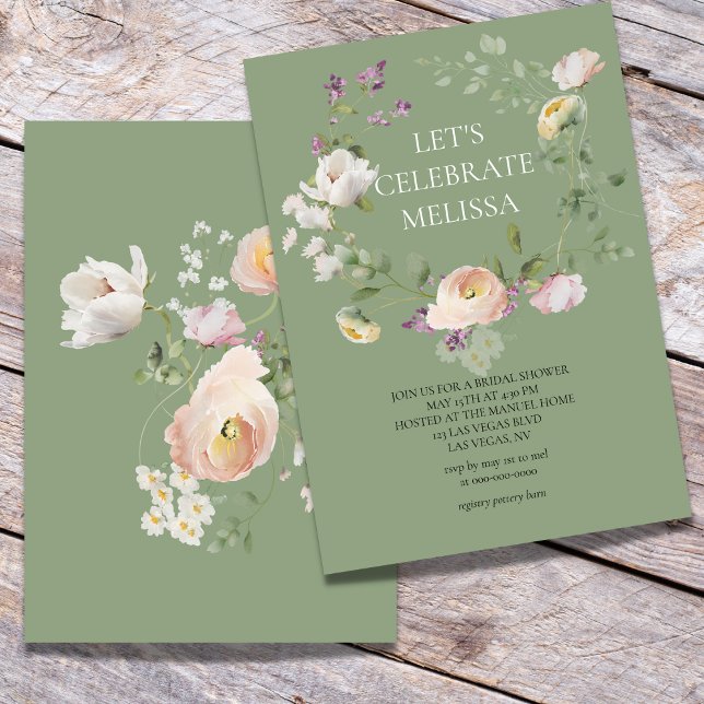 Sage Green Pink Blooms Bridal Shower Invitation (Creator Uploaded)