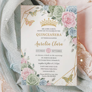 Sage Green Pink Blue Floral Quinceañera Sweet 16 Invitation