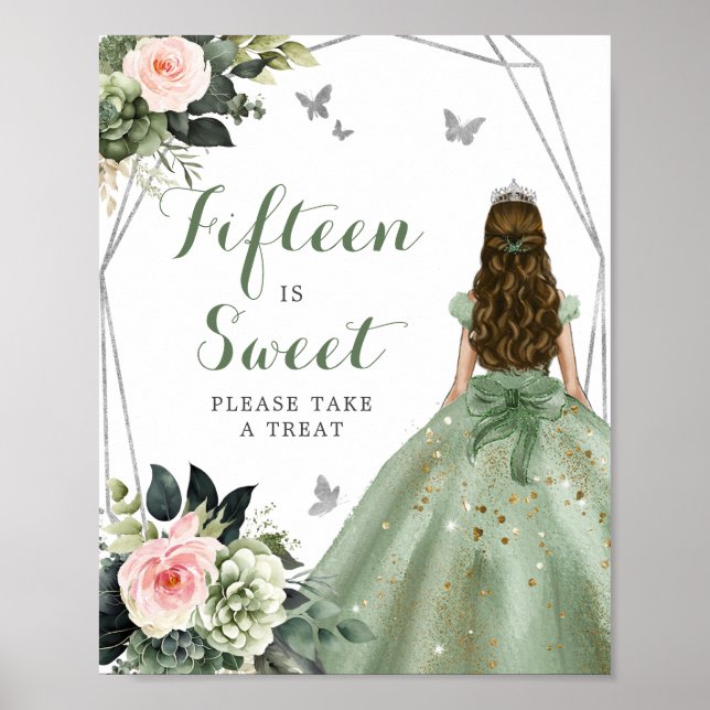 Sage Green Pink Blush XV Años Fifteen is Sweet Poster (Front)