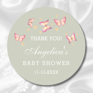 Sage Green Pink Butterfly Baby Shower Thank You  Classic Round Sticker