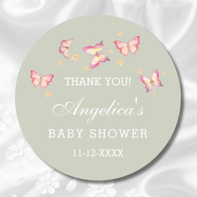 Sage Green Pink Butterfly Baby Shower Thank You  Classic Round Sticker (Creator Uploaded)