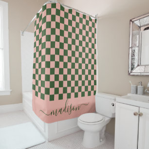 Sage Green & Pink Chequered Aesthetic Shower Curtain