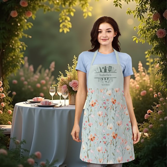 Sage green pink coral peach florals apron (Creator Uploaded)
