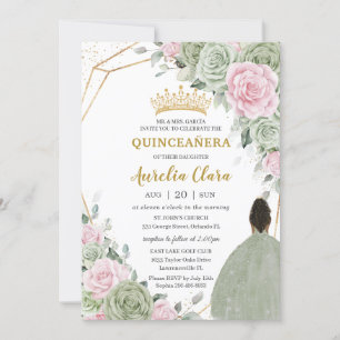 Sage Green Pink Floral Brown Girl Quinceañera Invitation