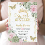 Sage Green Pink Floral Butterflies Gold Sweet 16 Invitation<br><div class="desc">This chic Sweet 16 Birthday invitation features a silver glitter geometric frame adorned by delicate watercolor sage green, pale pink floral, soft sage greenery and sage and gold butterflies. Personalise it with your details easily and quickly, simply press the customise it button to further re-arrange and format the style and...</div>