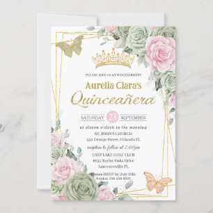 Sage Green Pink Floral Butterflies Quinceañera Invitation