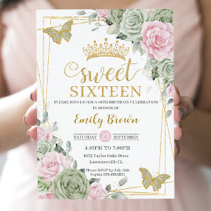 Sage Green Pink Floral Butterflies Sweet 16 Twins  Invitation