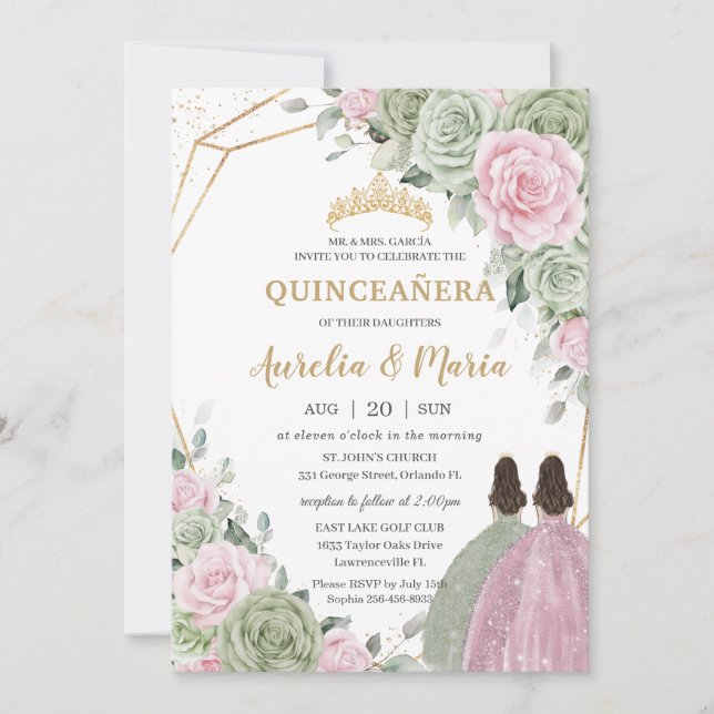 Sage Green Pink Floral Gold Quinceañera Twins Invitation (Front)
