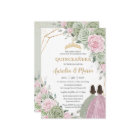 Sage Green Pink Floral Gold Quinceañera Twins